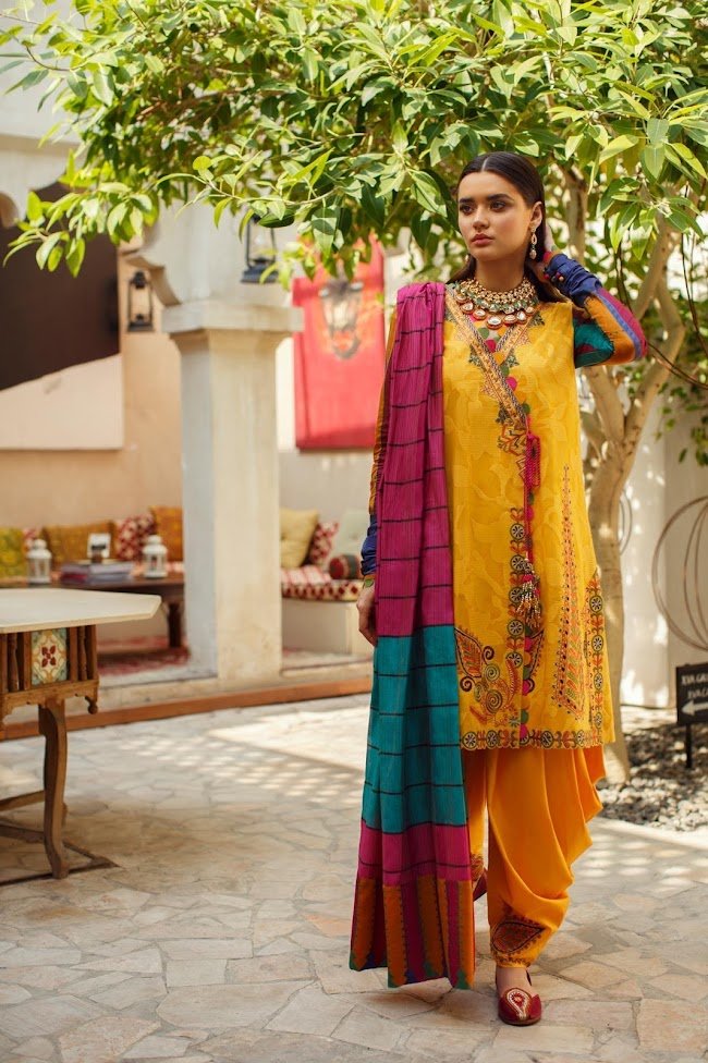 Ethnic Yellow Suit Embroidered Lawn