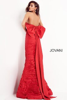 Jovani Red Color Strapless Pleated Red Carpet Gown Dress back design
