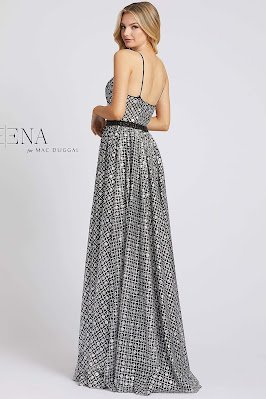 Spaghetti Straps A-line Ieene For Mac Duggal Evening Dress Black Silver color Back side