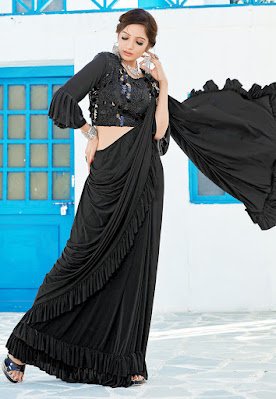 Indian Party Wear Ruffled Border Lycra Butterfly Pallu Saree in Black