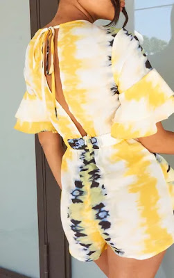 Yellow tie dye frill sleeve tie back playsuit