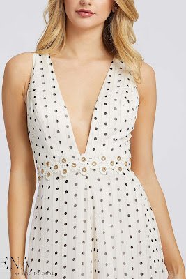 Plunging Neckline Jumpsuit evening dress Ieena For Mac Duggal Polka Dot color Front side