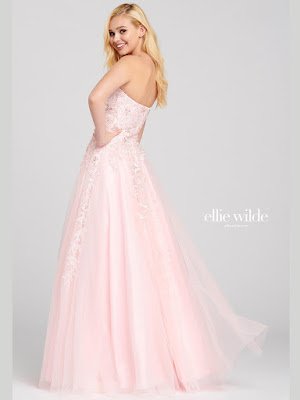 Ellie Wilde Strapless a-line pink color prom dress back side