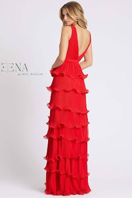 Tiered skirts evening dress V-neck A-line Ieena for duggal red color Back side