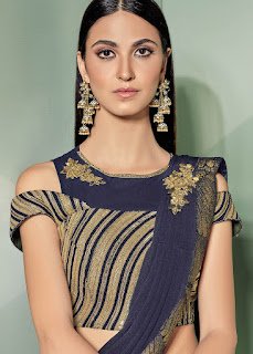 Blue Pre-Stitched Saree With Sequined Blouse indian party wear front design