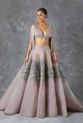Manish Malhotra Fossil Grey Organza Lehenga Front side