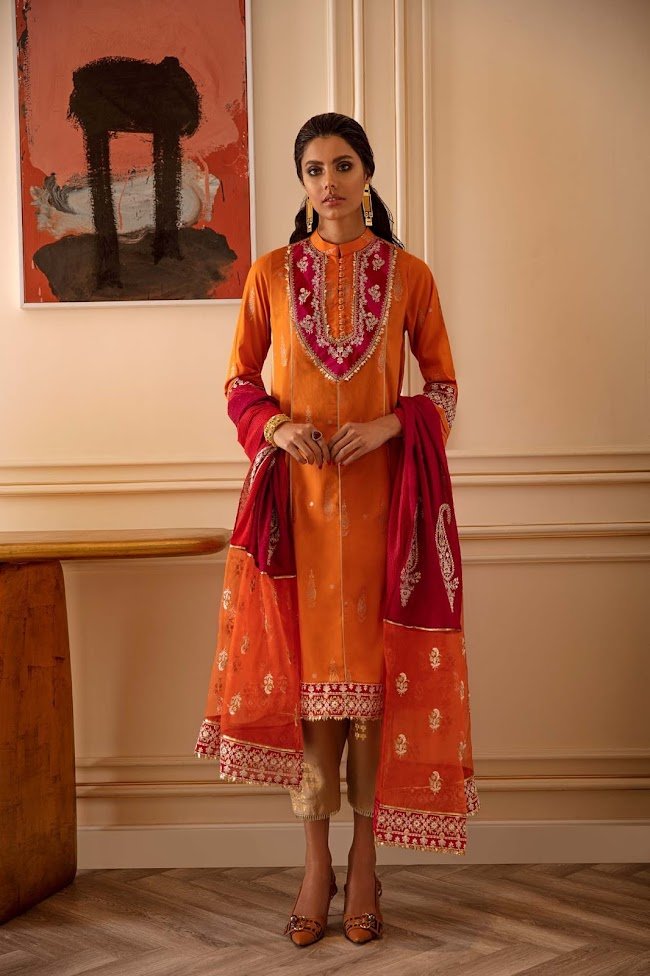 Ethnic Orange Jacquard Suit