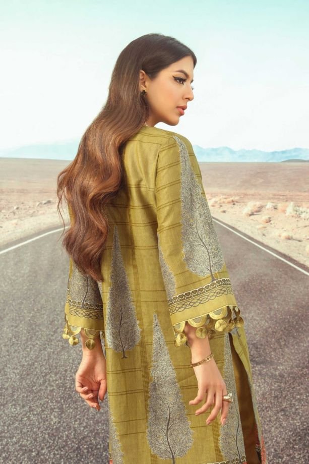 Sana safinaz Kurnool winter Olive green dress back-side view