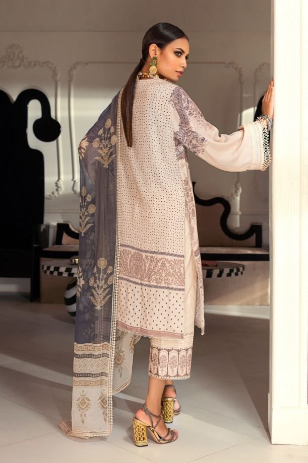 Sana Safinaz Muzlin winter cream color embroidered on net dress back-side