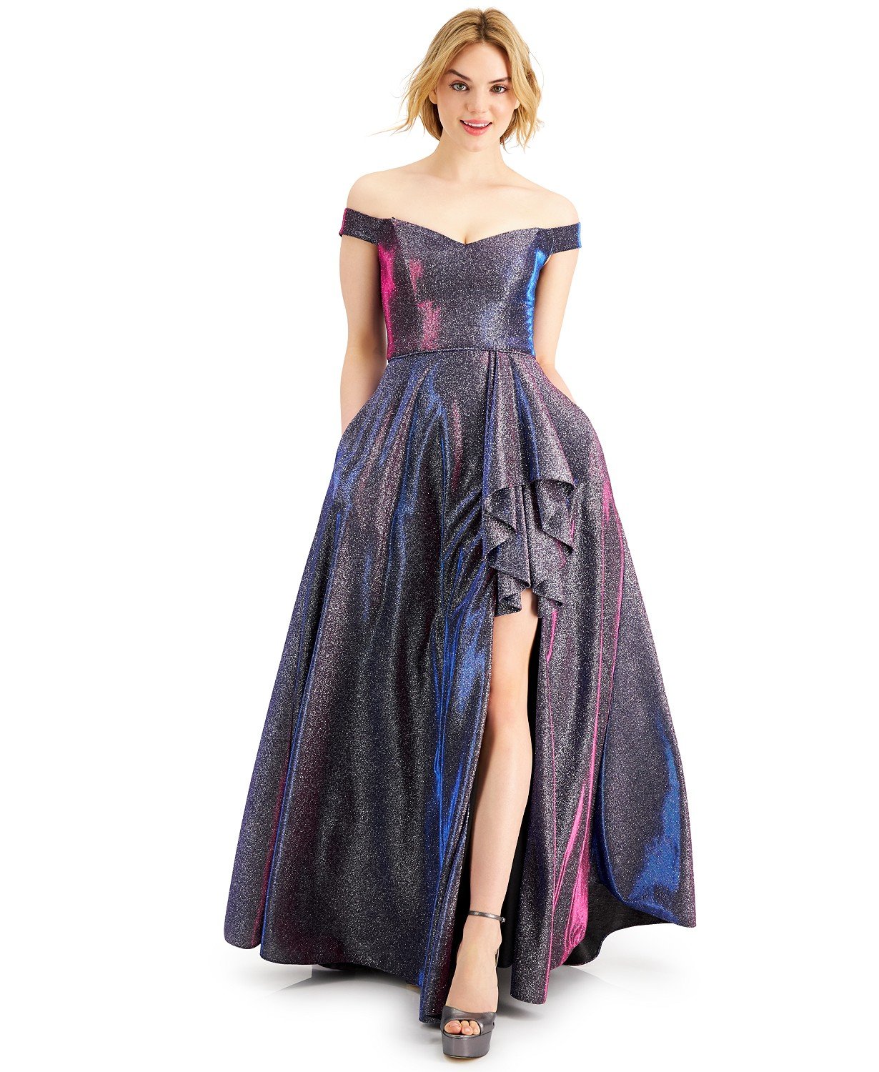 Macy's Prom Off the shoulder glitter Gown fushia color