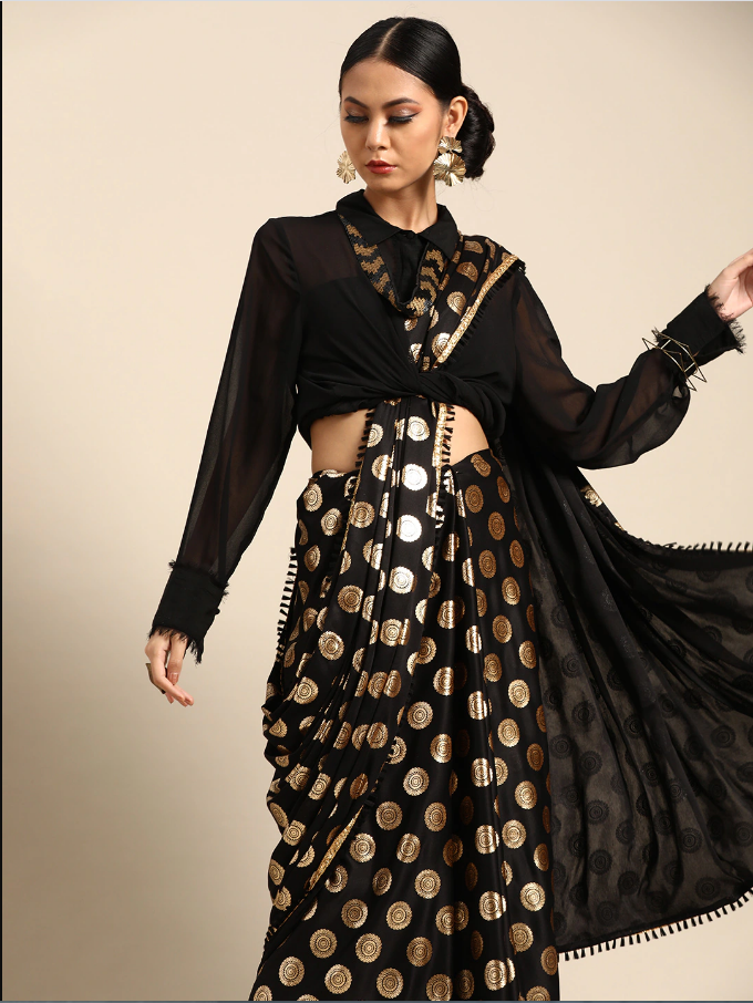 Indian Black & Golden Satin Foil Printed Saree