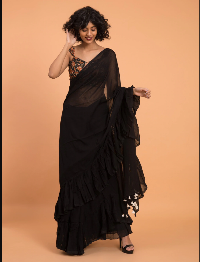 Indian Black Solid Ruffle Saree