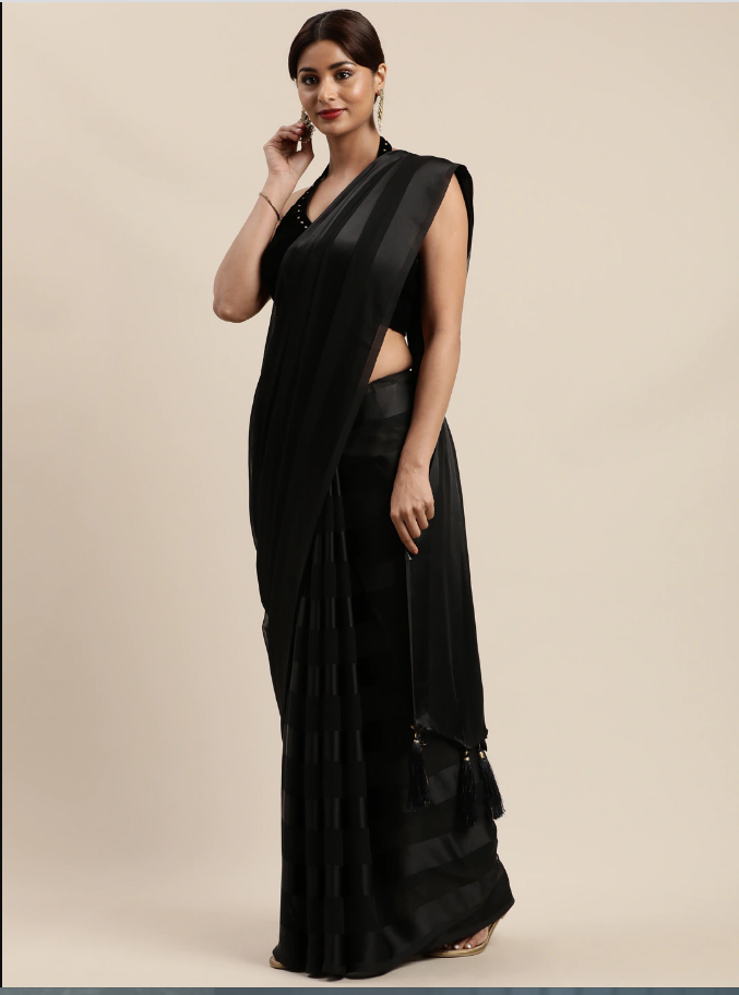 Indian Black Saree with Satin Striped Mysore Silk