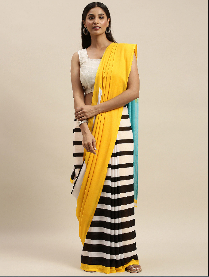 Indian Black & White Pure Georgette Striped Saree