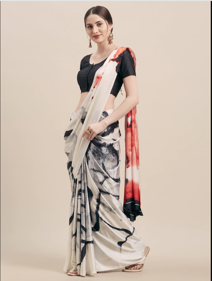Indian White & Black Satin Printed Saree