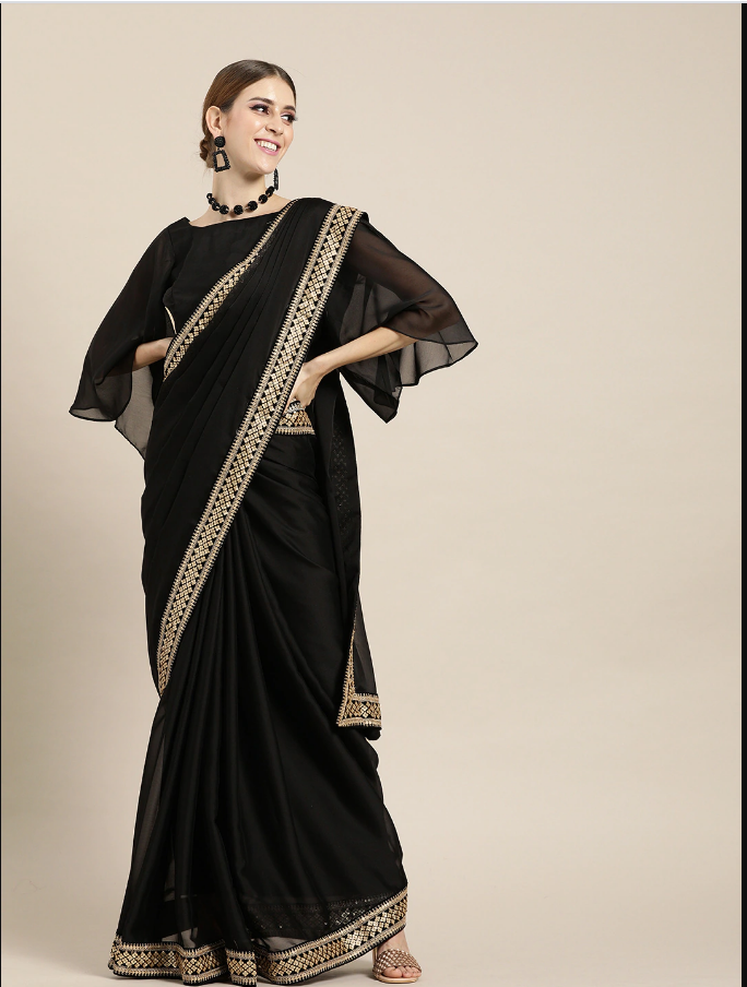Indian Black Saree with Solid Silk Blend