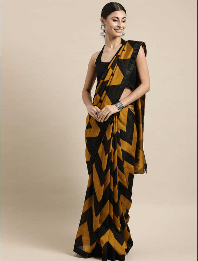 Indian Mustard Yellow & Black Poly Crepe Printed Saree