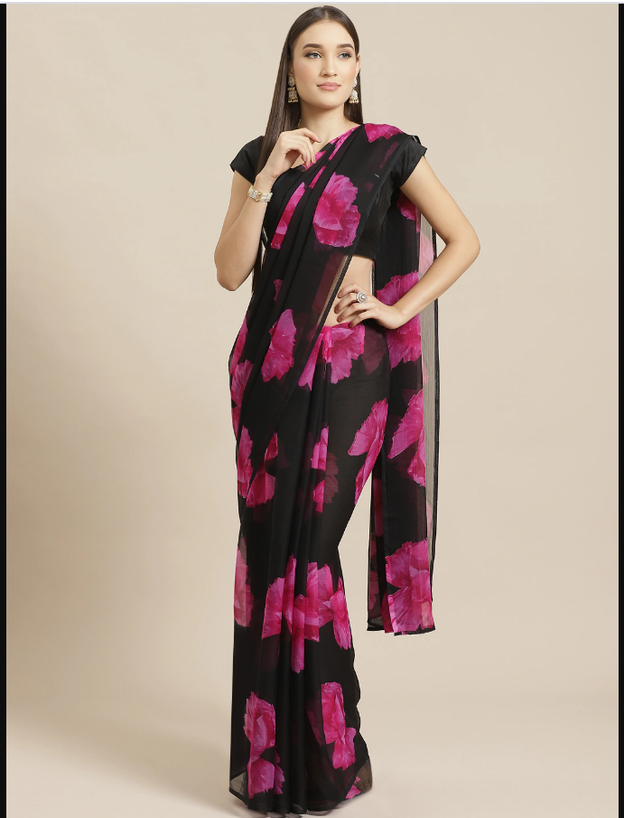 Indian Black & Pink Floral Printed Saree