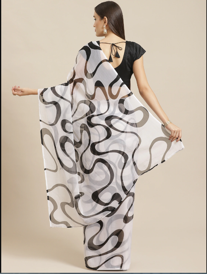 Indian White & Black Saree with Printed