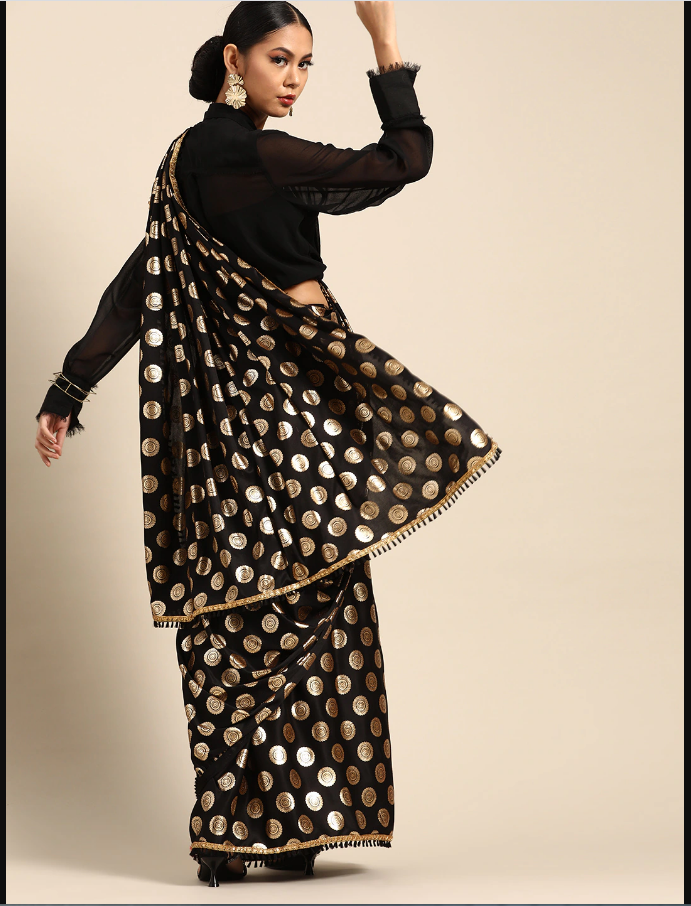 Indian Black & Golden Satin Foil Printed Saree