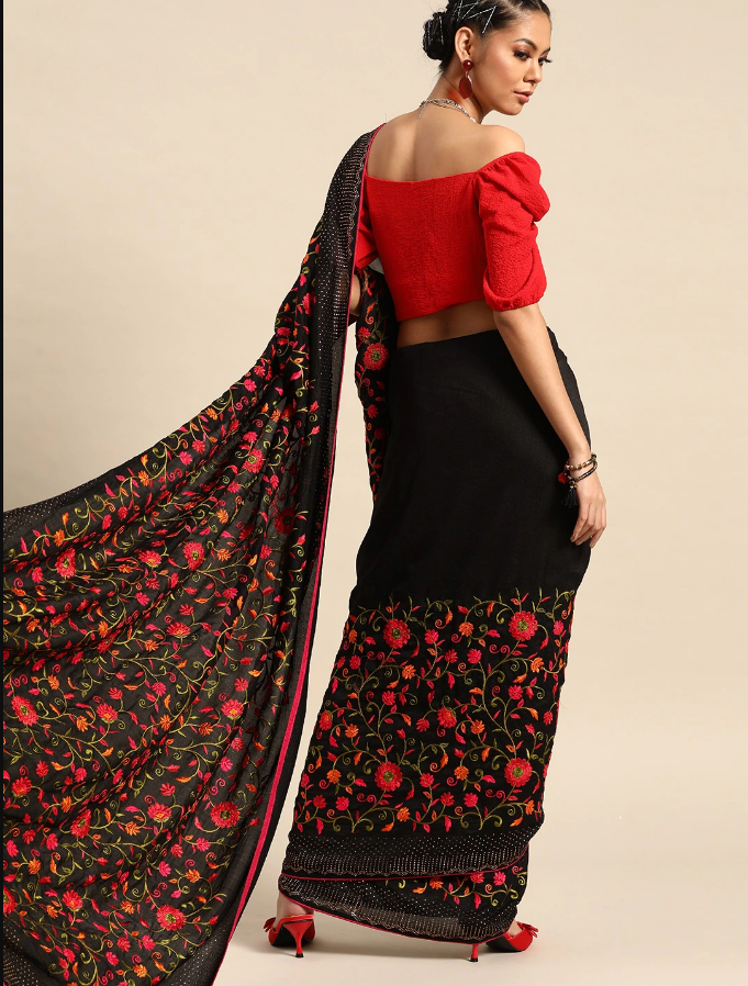 Indian Black & Red Satin Embroidered Saree