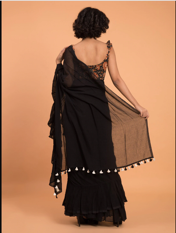 Indian Black Solid Ruffle Saree