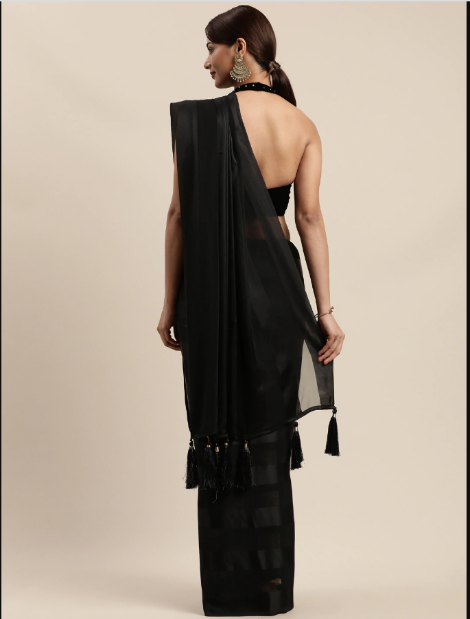 Indian Black Saree with Satin Striped Mysore Silk