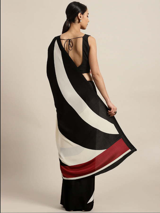 Indian Cream-Colored & Black Striped Saree