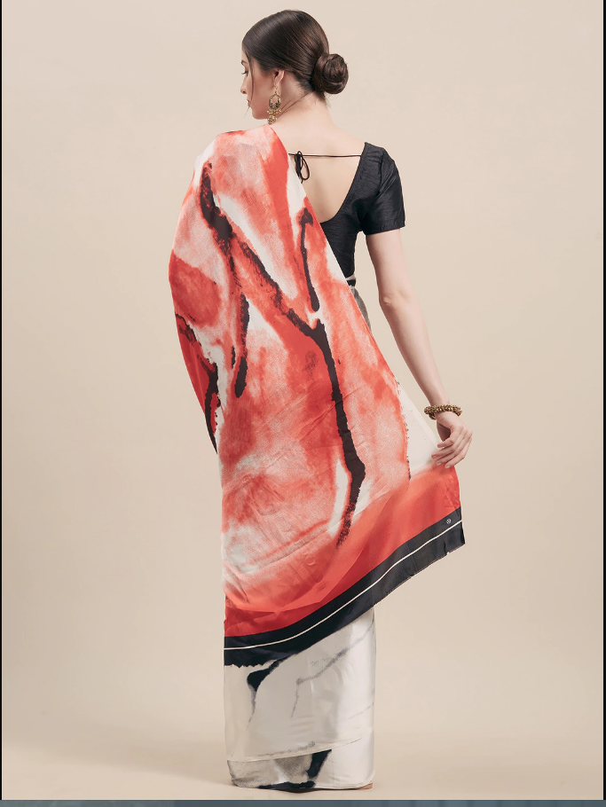 Indian White & Black Satin Printed Saree