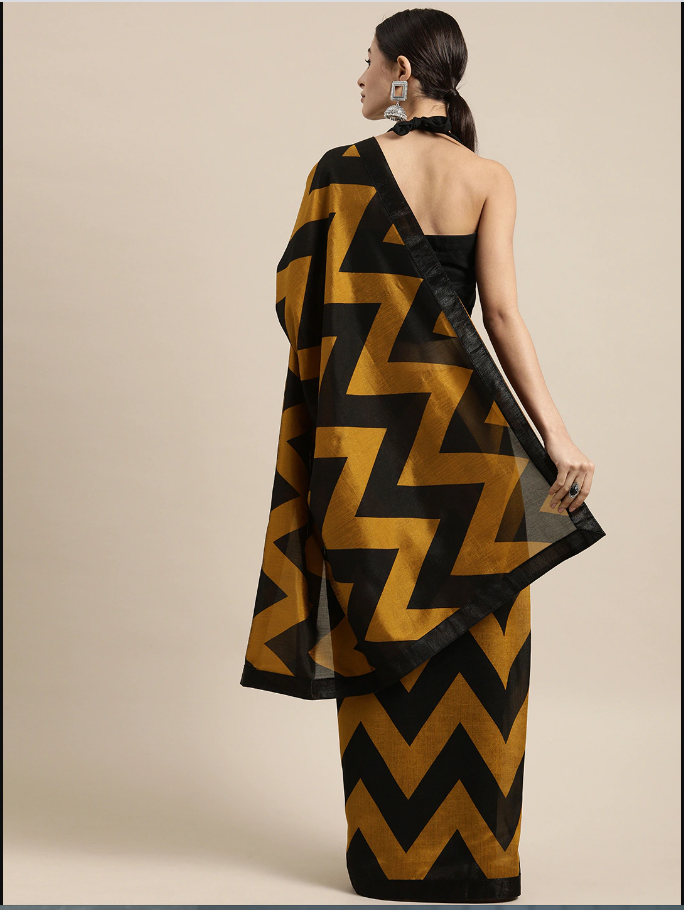 Indian Mustard Yellow & Black Poly Crepe Printed Saree
