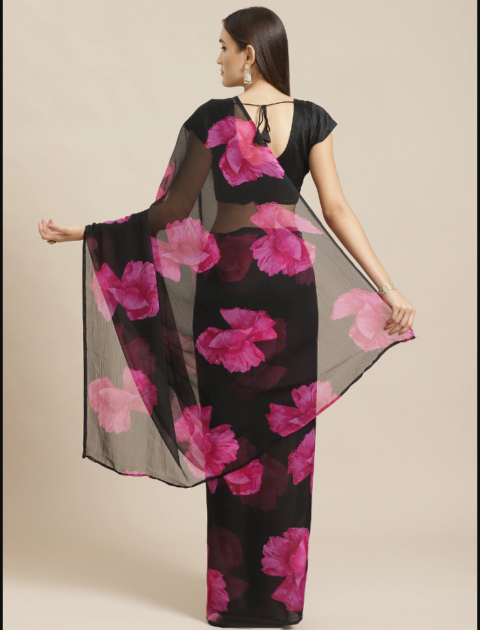 Indian Black & Pink Floral Printed Saree