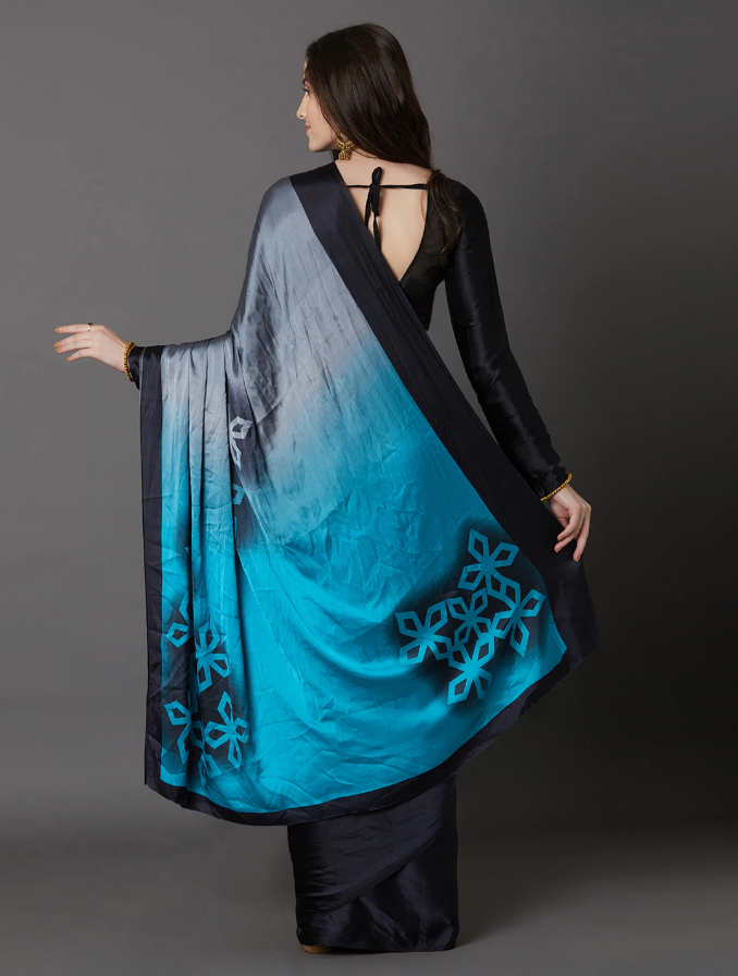 Indian Black & Blue Poly Crepe Printed Saree